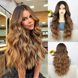 KAMA U-Part Lace Front Long Wigs For Women Middle Part Wavy Curly Wig With Dark Roots Synthetic Heat Resistant Fiber Wig For Daily Party Use (Brown Ombre)