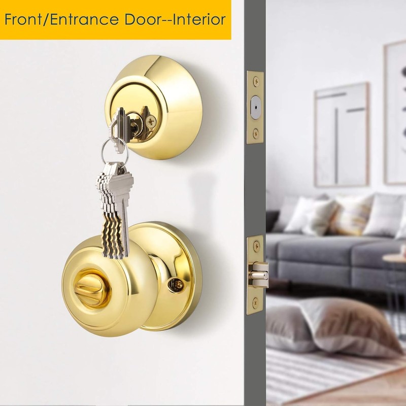 Brotima 4 Pack Round Polished Brass Entry Door Knobs and