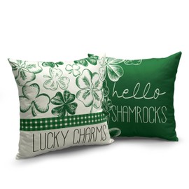 Kwlegh St Patricks Day Hello Shamrocks Pillow Covers 20x20 Green Lucky Charms Cushion Case Clover Hat Cotton Linen Pillowcase for Living Room March Holiday Decor Set of 2