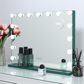 HOMPEN Vanity Mirror Makeup Mirror with Lights,Large Hollywood Lighted Vanity Mirror with 15 Dimmable LED Bulbs,3 Color Modes, Touch Control for Dressing Room & Bedroom, Tabletop or Wall-Mount, Green