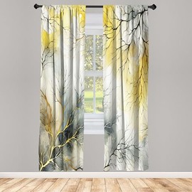 ABAKUHAUS Yellow Window Curtains Pack of 2, Modern Watercolor Look Backdrop with Leafless Branch Huddle Print Boho, Lightweight Set & Rod Pocket, 4 Panels of - 28" x 84", Mustard Blue Grey Khaki