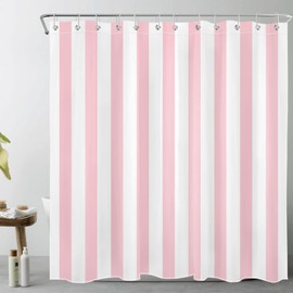 LB Pink and White Striped Fabric Shower Curtain for Bathroom with 12 Hooks, Vertical Stripe Geometric Shower Curtains for Bathroom, Modern Farmhouse Chic Style Bathroom Shower Curtains, 72x72 Inch