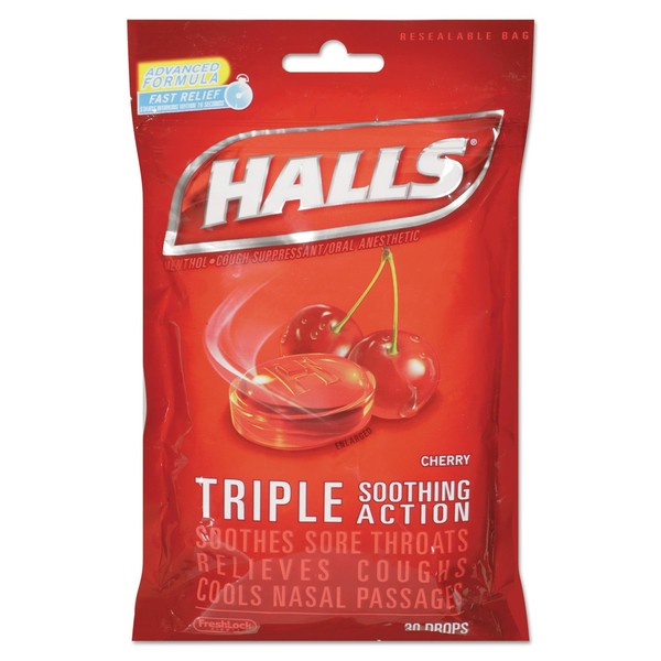 Halls 27499 Triple Action Cough Drops, Cherry, 30/Bag