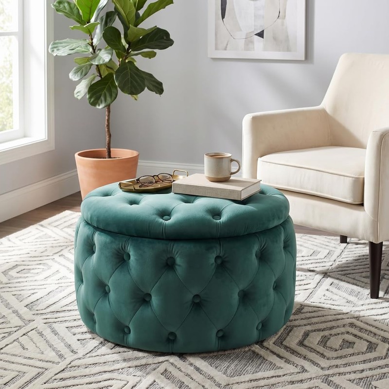 Oval Storage Ottoman with Button-Tufted Diamond Stitch, Upholstered Storage Bench