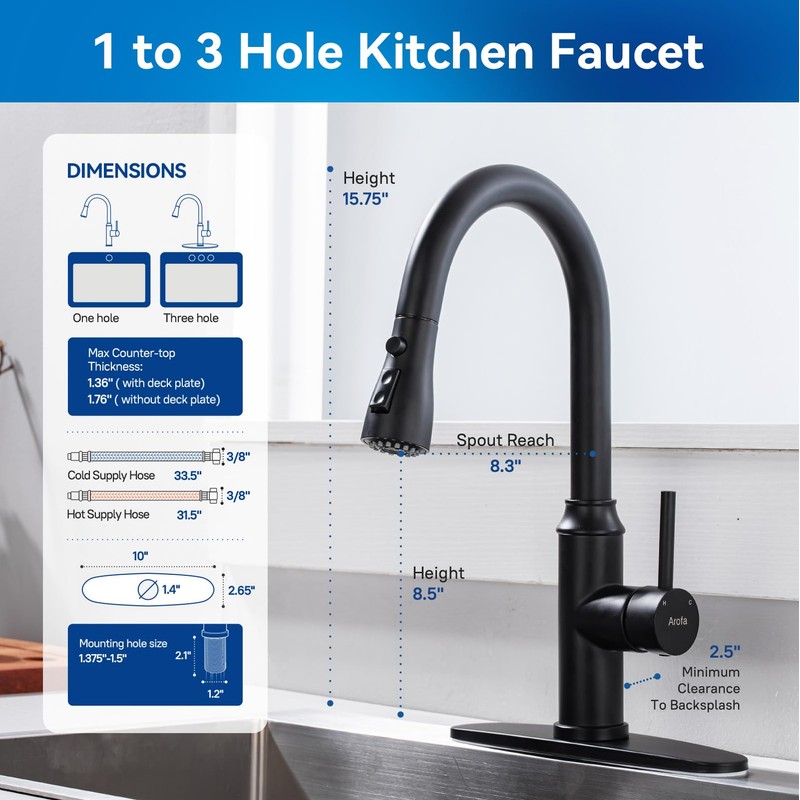 Matte Black Kitchen Faucet with Pull Down Spayer Arofa Single