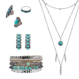 JRAIYBZ 3 Pcs Western Jewelry for Women,Bohemian Turquoise Dangle Earrings,Bullhead Pendant Layered Choker,Boho Faux Leather Wristband,Country Concert Cowgirl Accessories,Jewelry for Women