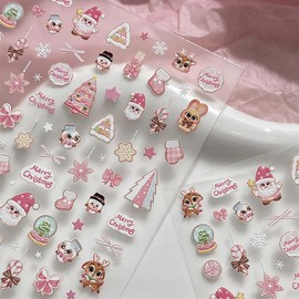Pink Christmas Nail Art Stickers 5D Embossed Xmas Tree Snowflake Snowman Nail Stickers Cute Bow Gingerbread Man Elk Santa Claus Nail Decals Winter Nail Decoration for New Year Manicure Supplies 1PCS