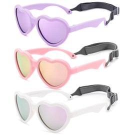 COASION Baby's First Sunglasses with Strap, 3 Pack Unbreakable Polarized Newborn Infant Heart Sunglasses for Ages 0-24 Months (White/Purple Mirror+Pink/Pink Mirror+Purple/Purple Mirror)
