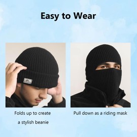 Onperpoe Knit Beanie, Winter Cuffed Black Beanie, Mens Hats, 2 in 1 Mens Beanie Hat and Knitted Balaclava, Fisherman Beanie, Stretchy Soft Warm Black Hat for Running Skiing Black