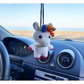 Unicorn Crochet Cute Ornament, Car Mirror Hanging Decorations, Handmade Car Rear View Mirror Holder Hanging Accessories, Bag Ornament.