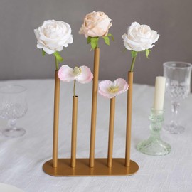 Tableclothsfactory Gold Metal Minimalist Bud Vase Centerpiece, 5-Tubes Single Stem Flower Vase - 10" Tall