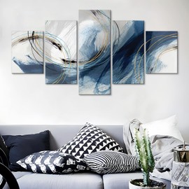 Fu-Keivy Blue Grey Abstract Canvas Wall Art Decor Fantasy Modern Artwork Painting for Living Room Bedroom 5 Panel Wall Pictures Graffiti on White Background