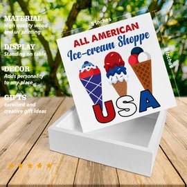 4th of July Sign Patriotic Decor Wooden Box Sign America Ice Cream Shoppe Desk Decoration Square Wood Sign Wood Block Plaque Box Sign for Shelf Home 5 x 5 Inches