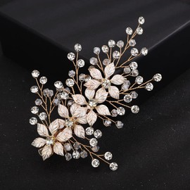 Teyglen Flower Bridal Hair Clips Wedding Crystal Flower Hairpins Handmade Gold Silver Rhinestone Hair Barrette Vinatge Headpieces Hair Accessories for Bride Women Girl (Gold)