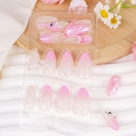 3D Handmade Press on Nails Fake Nails with Charms Pearl Pink Acrylic Nails Almond False Nails Cute Nails Medium Stick on Nails for Women Finger Manicure Nails Press Ons 24Pcs