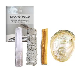 SOUL STICKS Beginners Mini Smudge Kit Includes White Sage 3-4 Abalone Shell Selenite Wand and Palo Santo with Smudging Guide