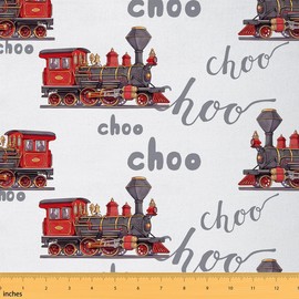 Feelyou Tela de caricatura de coche por el patio, tela de tapicería impresa en tren, tela kawaii para exteriores, tela de tapicería de vehículos kawaii para sillas, 3 yardas, rojo y blanco