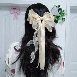 Bow Hair Clips with Long Tail Big Bow Hair Accessories for Women Bow Decor Bridal Hair Clip Pearl Bow Barrette Hair Clip Flower Girl Hair Bows for Wedding First Communion Hair Bows for Girls Ponytail