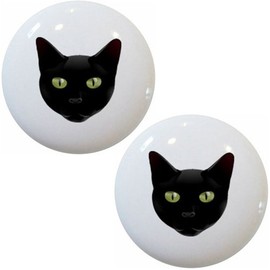Set of 2 Black Cat Head Ceramic Cabinet Drawer Knobs
