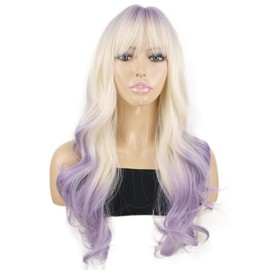 onemily Purple Wig with Bangs 26 Inch Dark Roots Light Purple Blonde Ombre Long Wavy Wigs for Women (Purple)