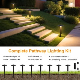 ALYFC Low Voltage Landscape Lighting Kit: 8 Pack 24V Pathway Lights with Remote - Dimmable 3000K Wired Path Lights - Waterproof Garden Landscape Light Outdoor with Multiple Modes for Walkway, Yard