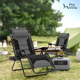 PHI VILLA XXL Oversized Padded Zero Gravity Chair, Foldable Patio Recliner, 28" Wide Seat Anti Gravity Lounger with Cup Holder, Set of 2, Support 400 LBS (Grey Black)