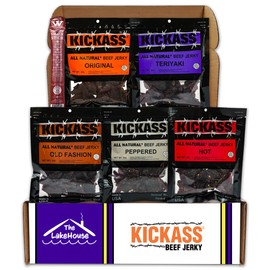 Kickass Beef Jerky Gift Baskets for Men - 5 Flavors in the Premium Beef Jerky Care Package - Father's Day Gifts for Men - Snack Packs - Gluten Free, Keto Friendly - 1 Bonus - (5 Pack)