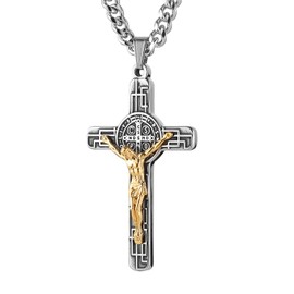 HZMAN Crucifix Cross Necklace for Men Stainless Steel Retro CSPB Saint Benedict Cross Pendant Necklace Jewelry Gift with Cuban Chain (Silver Gold)