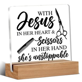 Hair Stylist Gifts for Women, Hairdresser Gift, Hair Salon Decor, Hairstylist Essentials, With Jesus in Her Heart Decorative Acrylic Plaque Barbershop Decor