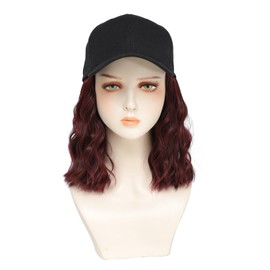 AliRobam Synthetic Wig Hat with Natural Wave hair Extensions attached for woman Baseball cap wig burgundy curly wavy Hairstyle Adjustable Hat Wig (530, 14inch)