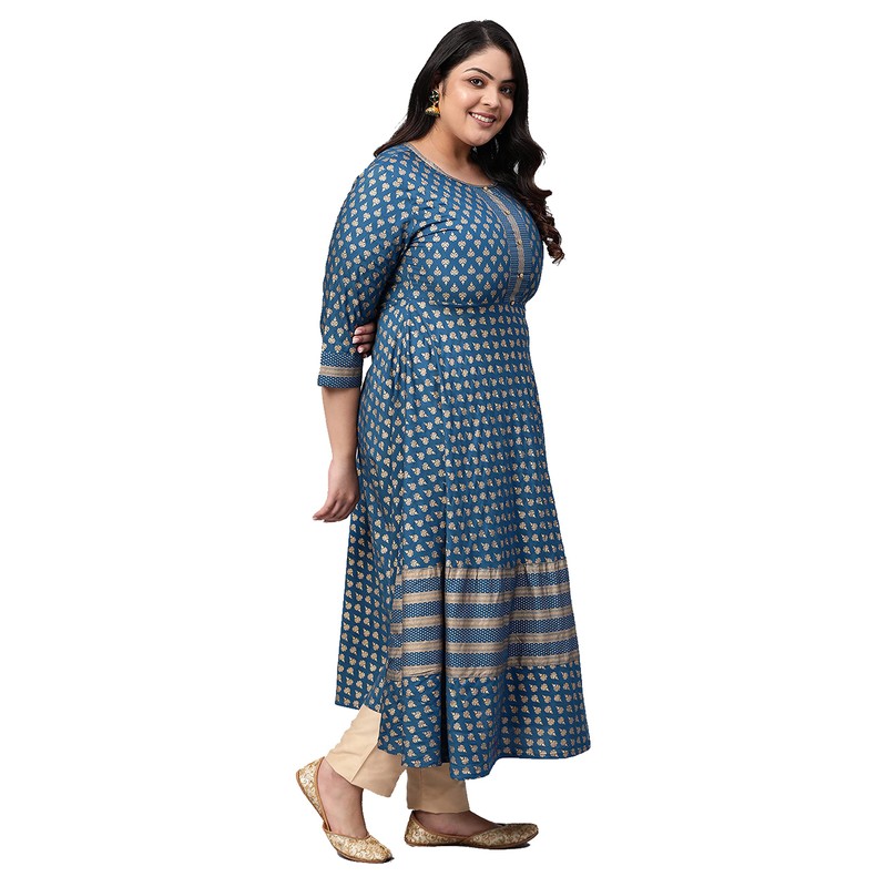 Yash Gallery Rayón Buta Print Anarkali Kurta para mujer, Azul.,