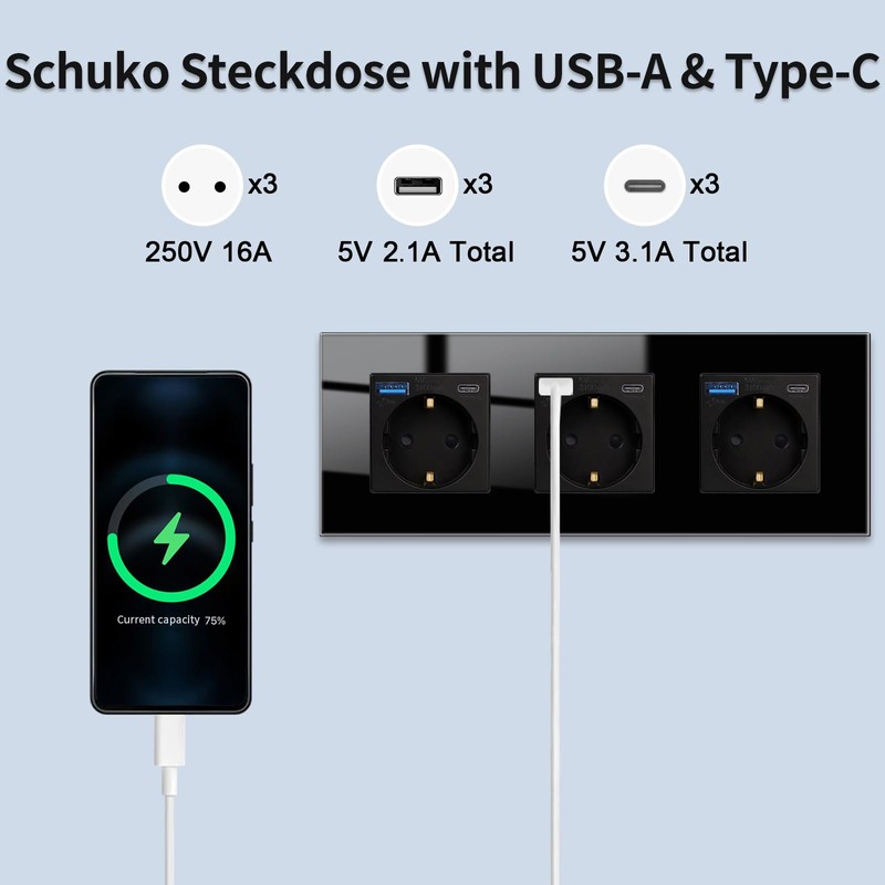 JIMEIDA Glass Socket with USB 20 W Fast Charging in