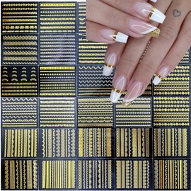 IDDFEVE 30 Sheets Gold Lace Nail Art Stickers - Baroque Line Nail Decals Self-Adhesive 3D Nail Decals for DIY Golden Manicure
