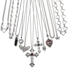 JeryWe 12Pcs Grunge Gothic Necklace Set for Women Teen Cool Y2k Grunge Jewelry Gothic Cross Evil Eye Butterfly Crystal Angel Heart Wing Chain Choker Necklace Y2k Accessories