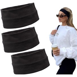 Headbands for Women 3 Pack Elastic Hair Bands for Women' Hair,Non Slip Sports Headband Soft Cotton Stretchy Headbands Hair Accessories (Black, Large)