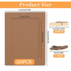 50 Pack Paper Picture Frames 4x6, 4x6 Photo Paper Holders DIY with Clips and Rope, Foam Picture Frames Cardstock Cardboard Hanger Kit Photo Banner for Crafts Display Wall Decor Party Supplies, Kraft
