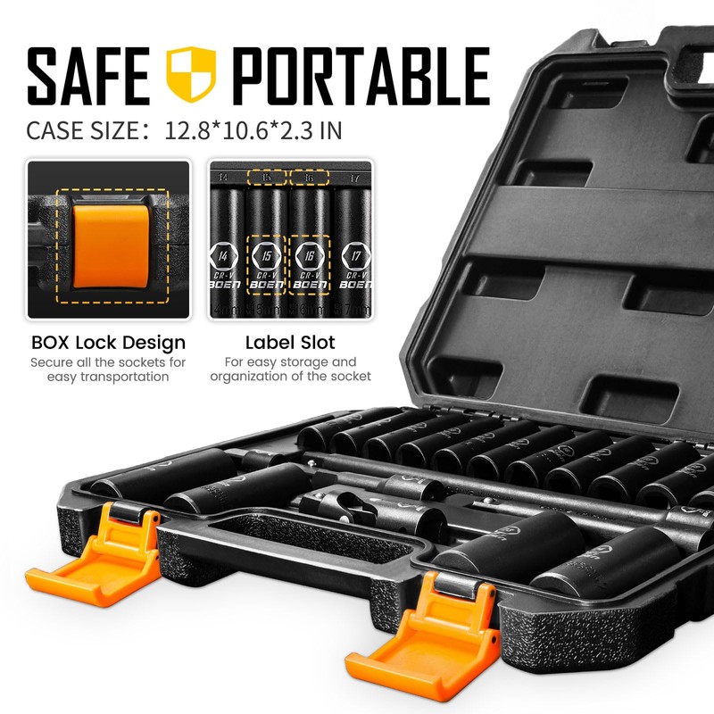 BOEN 1/2" Drive Metric Deep Impact Socket Set, 20 Piece