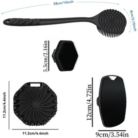 Juego de 4 Cepillos de Baño de Silicona, Incluye Cepillo de Espalda con Mango Largo, Cepillo Facial, Cepillo Ovalado y Cepillo Espiral, Masaje Corporal (Black)