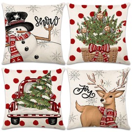 Christmas Cushion Covers Set Of 4, 45x45 cm Pine Trees Reindeer Christmas Pillowcases, Linen Sofa Cushions for Holiday Decorations Living Room Winter Xmas Decor