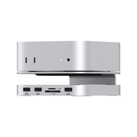 Qwiizlab Aluminum Stand Hub with SSD Enclosure, Docking Station for Mac Mini M4/M4 Pro, 2 USB-A 10Gbps, TF/SD 4.0 Card Readers 312MB/s, HDMI 4K 60Hz, USB-A 2.0, Fits M.2 NVMe SSD up to 8TB (Silver)