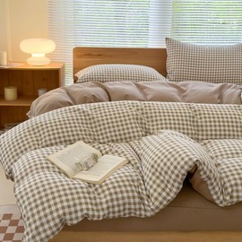 NSNLGSGC Single Duvet Cover Set, Plaid Duvet Cover Single Bed and 1 Pillowcase Bedding Set Easy Care 135 x 200 cm Tan Gingham