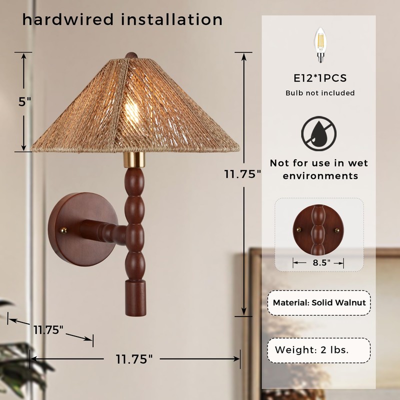 Boho Hand-Woven Rattan Wall Sconce, 11 Inch Rustic Wall Sconce