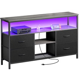 Huuger 47 Inch TV Stand Dresser with Power Outlets and LED Lights, 4 Drawers Entertainment Center with Open Shelf, Media Console for 55 50 Inch TV, Dresser with PU Finish, Grey and Black