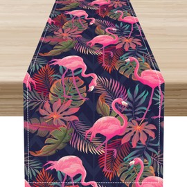 Camino de mesa de flamenco tropical, Hawaii, flores de temporada, primavera, verano, verde, hojas de palma, día festivo, celebración, cocina, mesa de comedor, decoración para el hogar, fiesta, 13 x 72