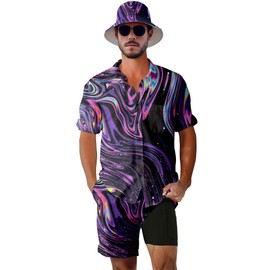 VUGOTU Men's 2 Piece Tracksuit 80s 90s Outfit Button Down 80s Shirts and Shorts Sets with Bucket Hats, Neon Rave, Medium