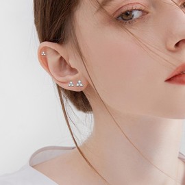 Silver Stud Earrings for Women, 3 Pairs 925 Sterling Silver Stud Earrings Set, Silver Flower Clear Cubic Zirconia Stud Earrings, Tiny Small Sleeper Cartilage Studs for Men Girls Kids, 3/4/5mm