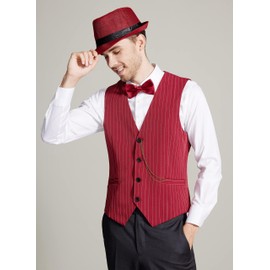 Gionforsy 1920s Mens Vest Gatsby Gangster Costume Accessories Set 20s Hat Suspenders Bow Tie (Stripe Wine, S)
