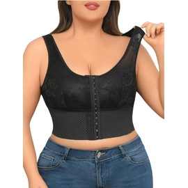 MakeMeChic Women's Plus Size Floral Lace Bra Shapewear Wide Strap Front Closure Bra Tank Top Black X-Large Plus