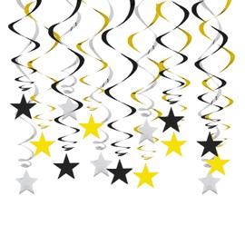 15 Pcs Silver black and gold Party Decorations,Hanging Swirls Star Tassel Garland Streamers Glitter Reflective Paper Swirl Ceiling Centerpiece Bunting Stars Tassels Banner,for Birthday Graduation Prom