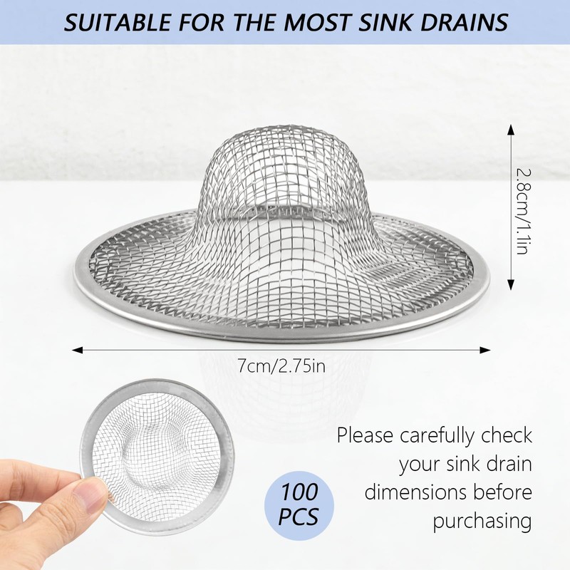 100pcs Mesh Sink Strainer, Stainless Steel Slop Basket Filter Trap,